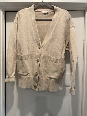 NWT Good American Cardigan Large Flax Fuzzy Knit V-Neck Minimalist Cozy Lounge